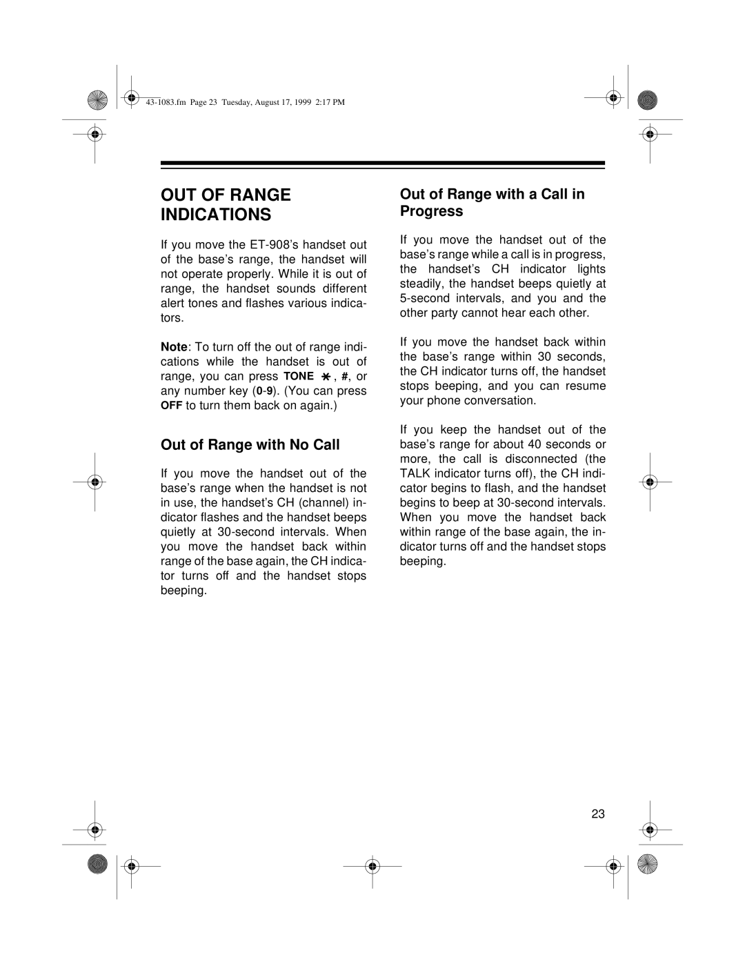 Radio Shack ET-908 owner manual OUT of Range Indications, Out of Range with No Call, Out of Range with a Call in Progress 