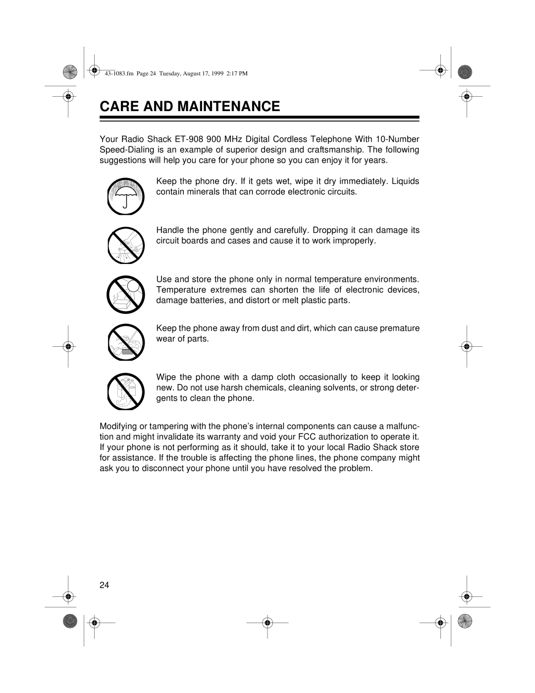 Radio Shack ET-908 owner manual Care and Maintenance 