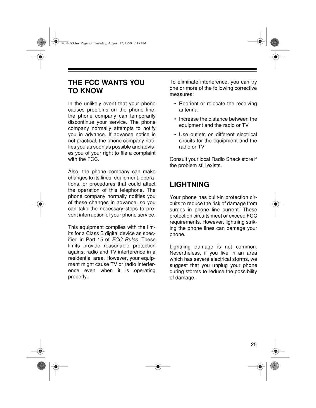 Radio Shack ET-908 owner manual FCC Wants YOU to Know, Lightning 