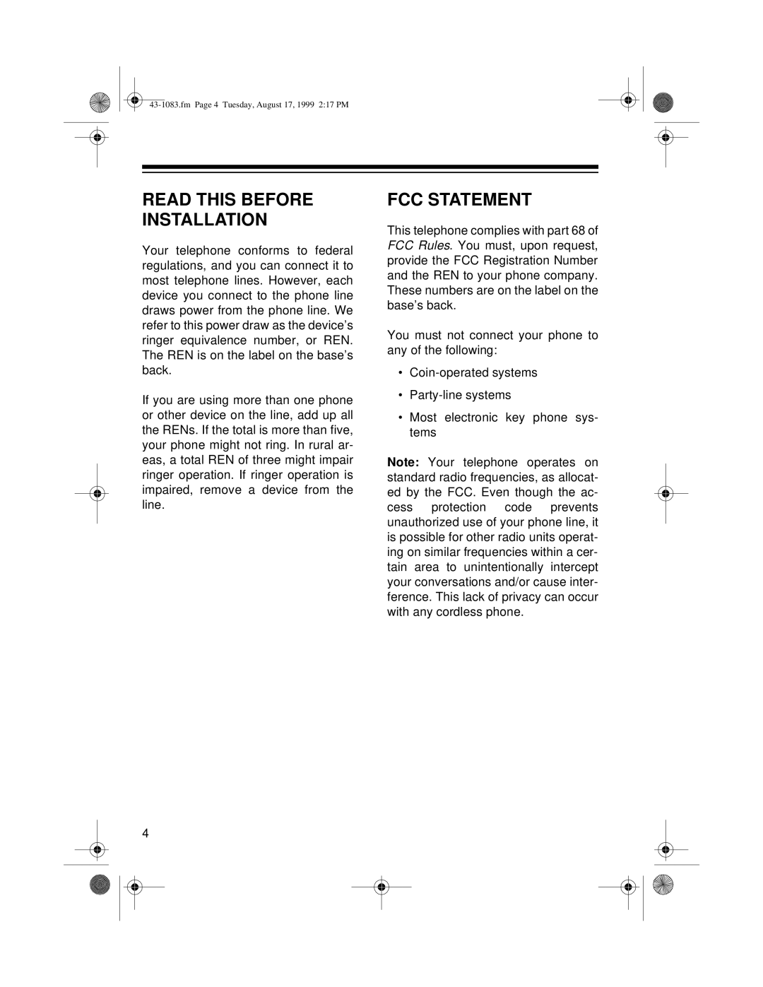 Radio Shack ET-908 owner manual Read this Before Installation, FCC Statement 