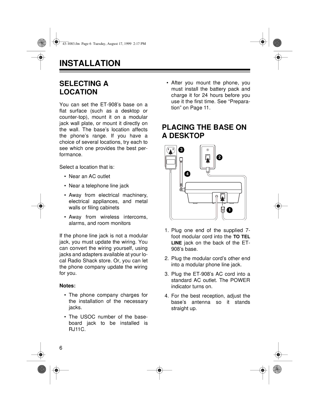 Radio Shack ET-908 owner manual Installation, Selecting a Location, Placing the Base on a Desktop 