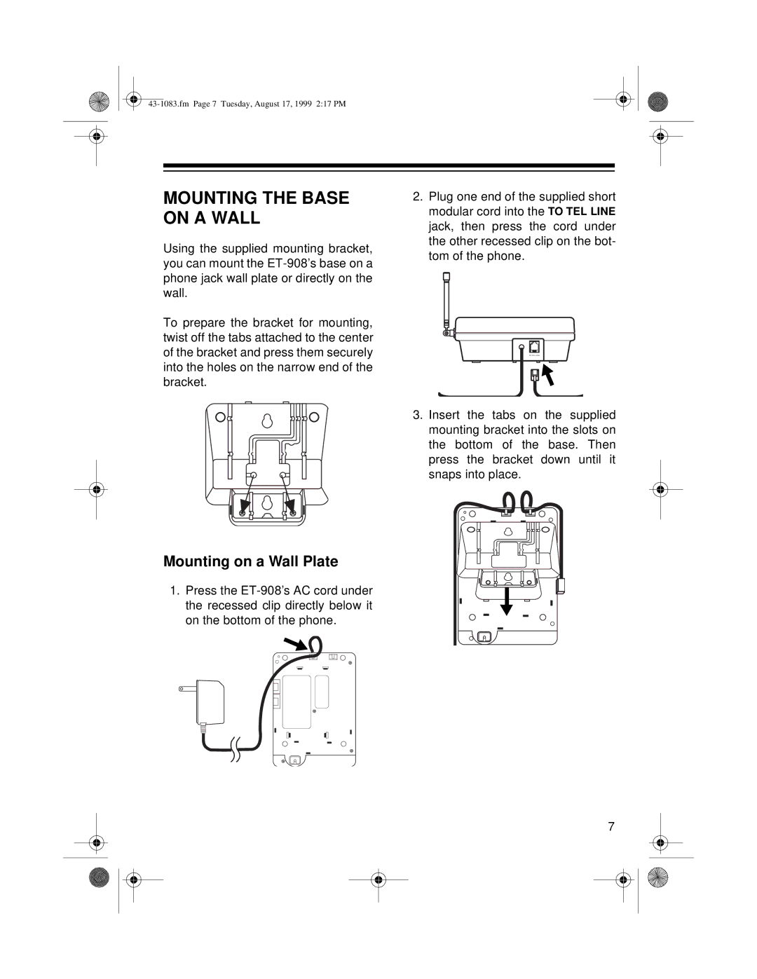 Radio Shack ET-908 owner manual Mounting the Base on a Wall, Mounting on a Wall Plate 