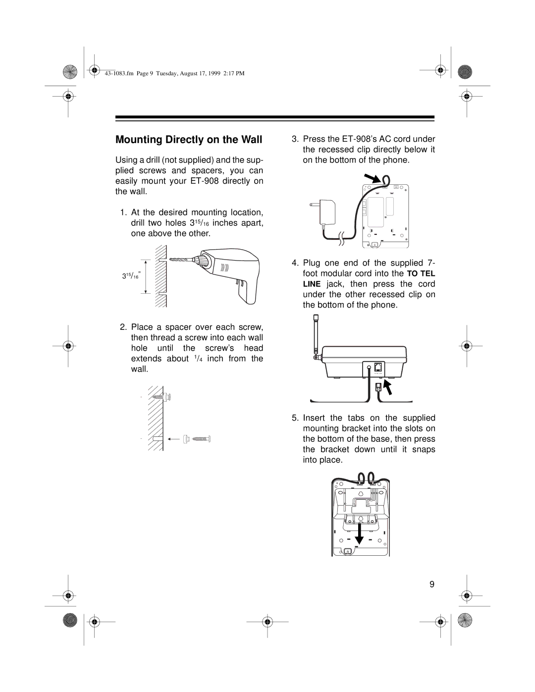 Radio Shack ET-908 owner manual Mounting Directly on the Wall 