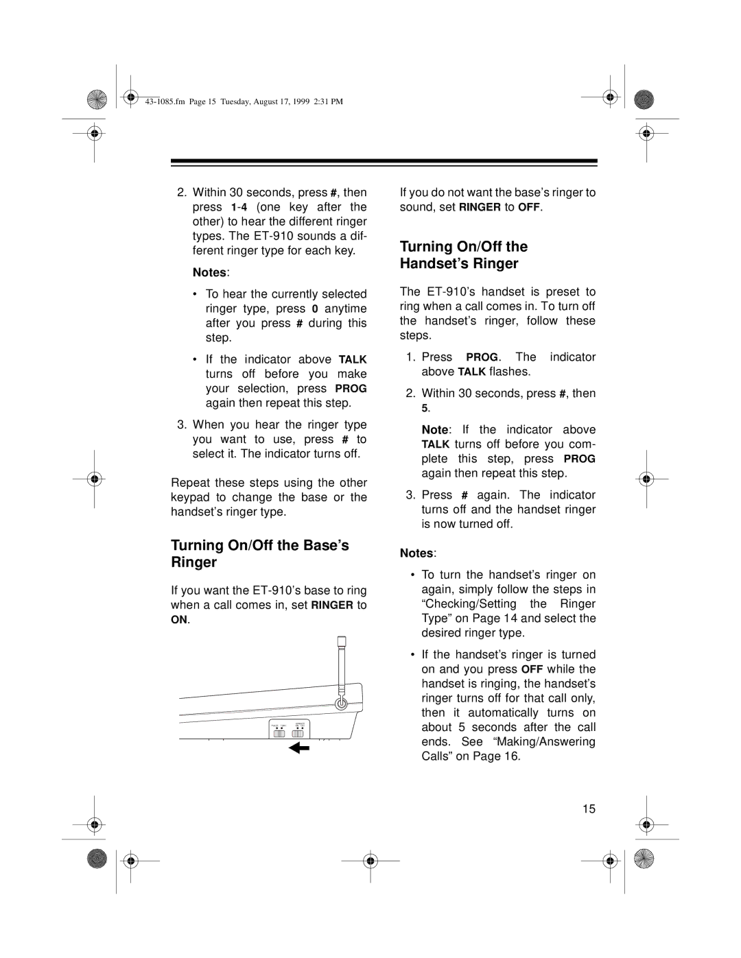 Radio Shack ET-910 owner manual Turning On/Off the Base’s Ringer, Turning On/Off Handset’s Ringer 