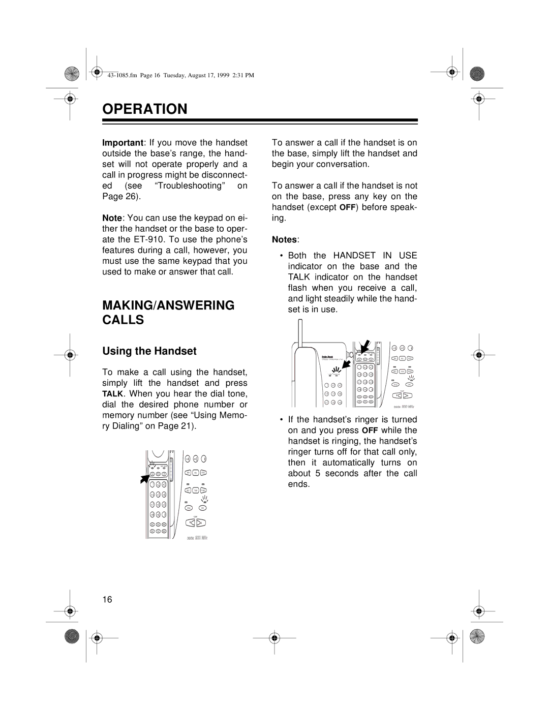 Radio Shack ET-910 owner manual Operation, MAKING/ANSWERING Calls, Using the Handset 