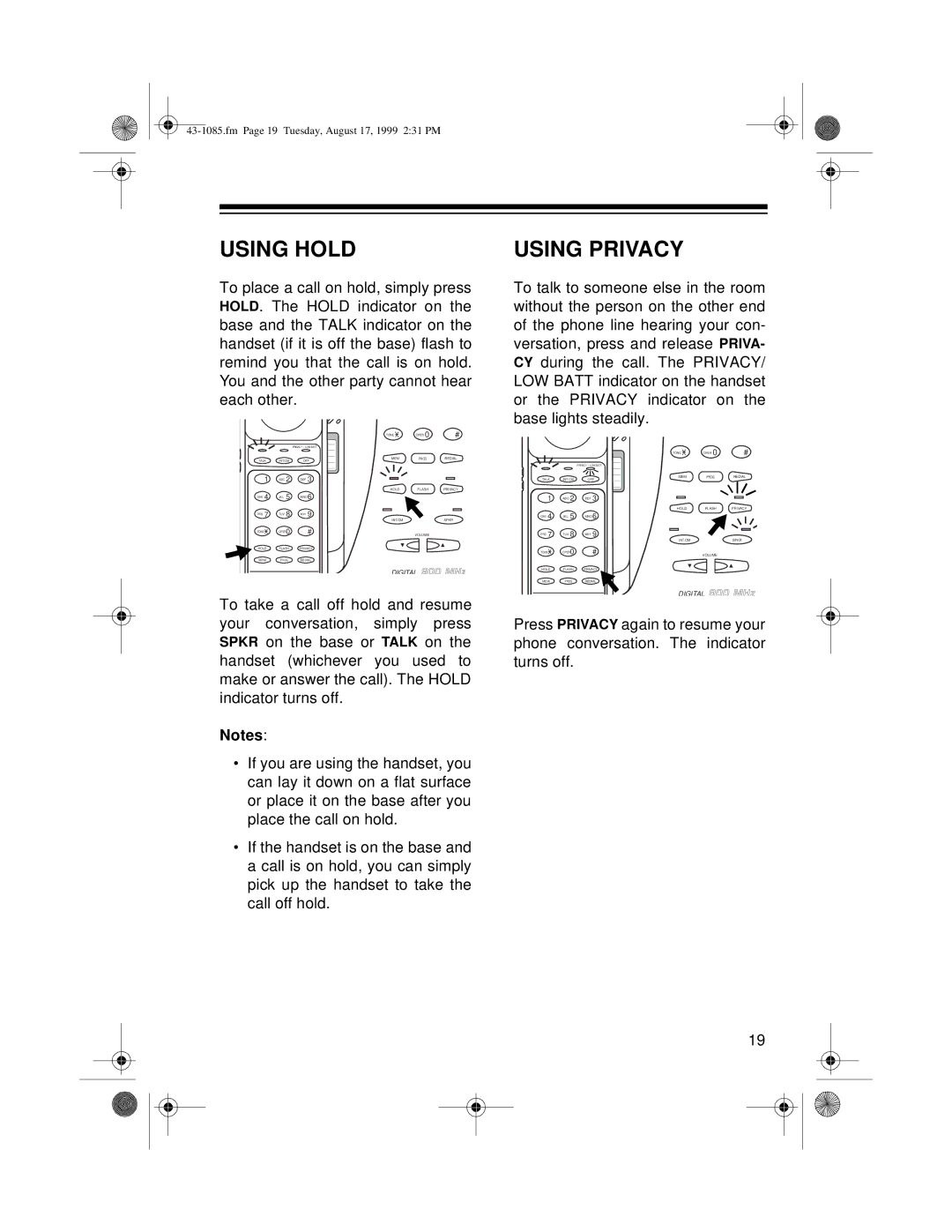 Radio Shack ET-910 owner manual Using Hold, Using Privacy 