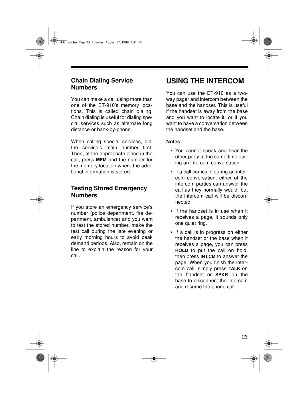 Radio Shack ET-910 owner manual Using the Intercom, Chain Dialing Service Numbers, Testing Stored Emergency Numbers 