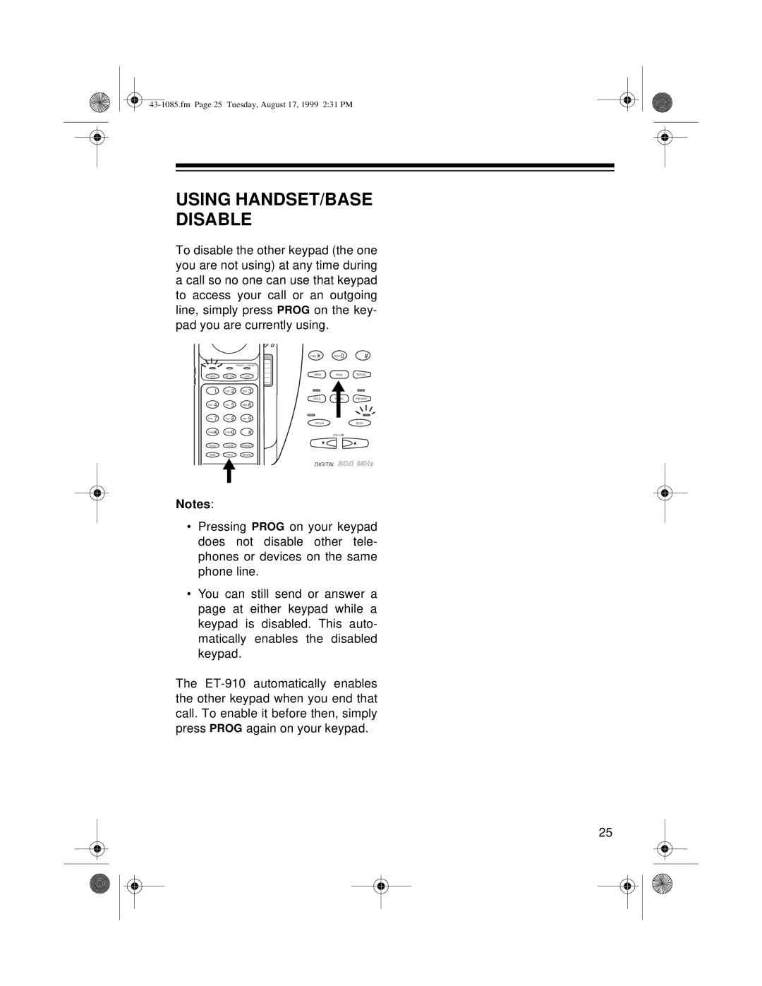 Radio Shack ET-910 owner manual Using HANDSET/BASE Disable 