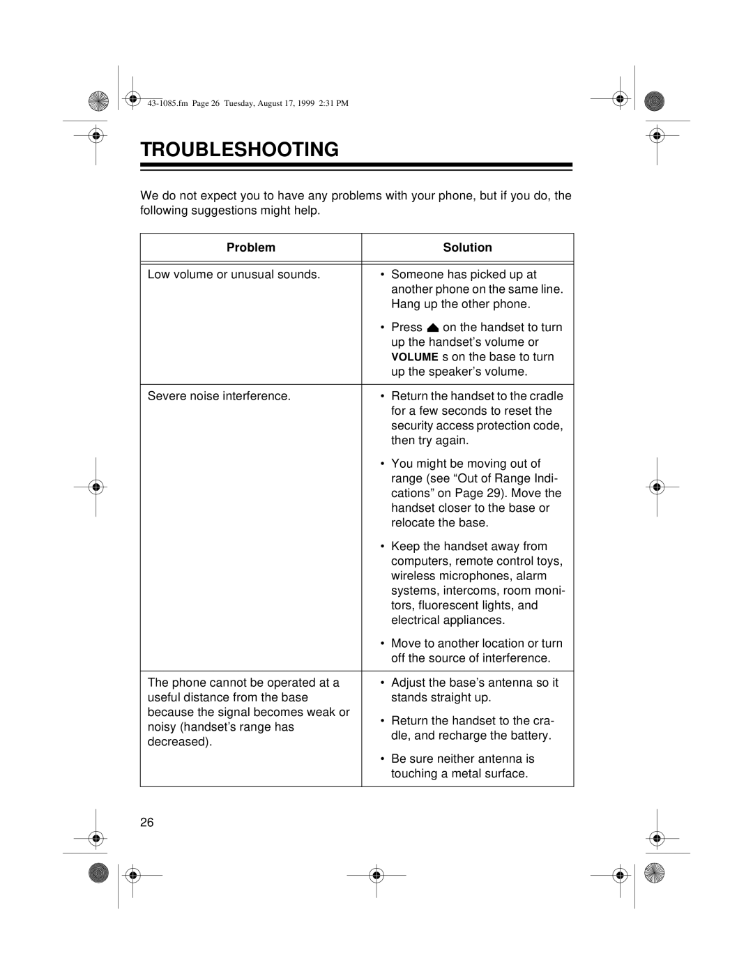 Radio Shack ET-910 owner manual Troubleshooting, Problem Solution 