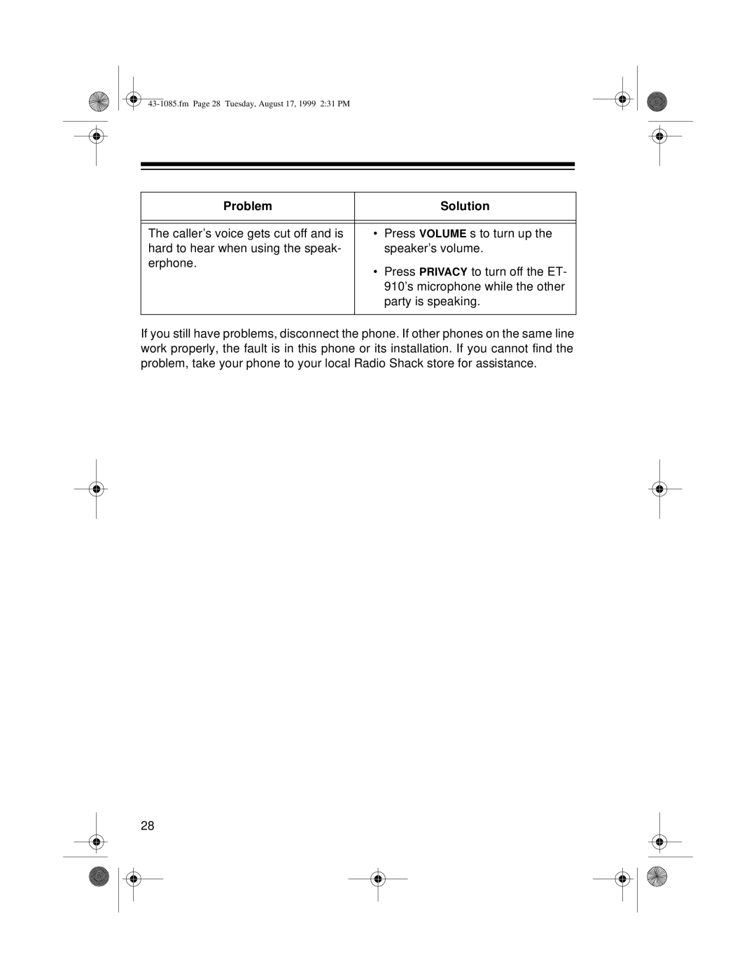 Radio Shack ET-910 owner manual Fm Page 28 Tuesday, August 17, 1999 231 PM 