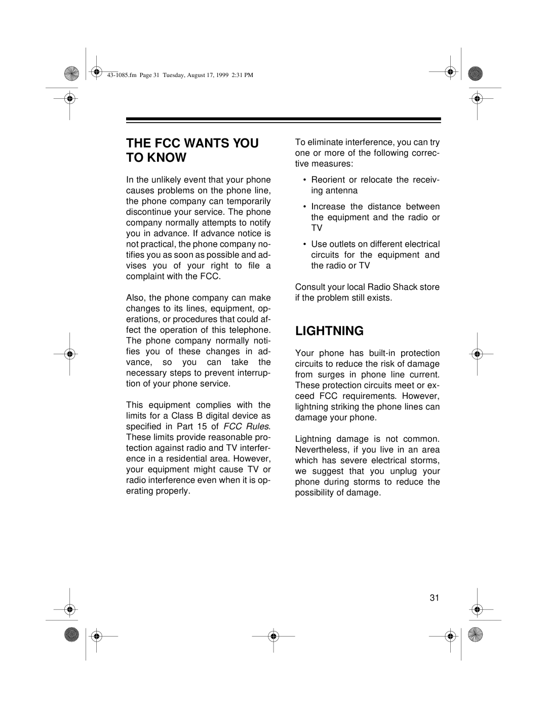 Radio Shack ET-910 owner manual FCC Wants YOU to Know, Lightning 