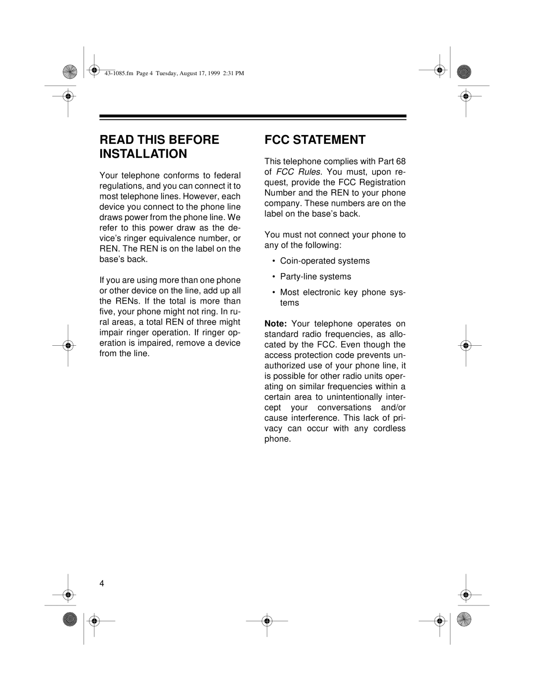 Radio Shack ET-910 owner manual Read this Before Installation, FCC Statement 