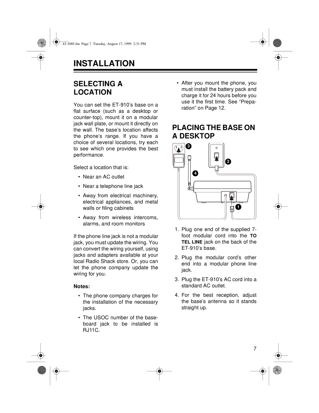 Radio Shack ET-910 owner manual Installation, Selecting a Location, Placing the Base on a Desktop 