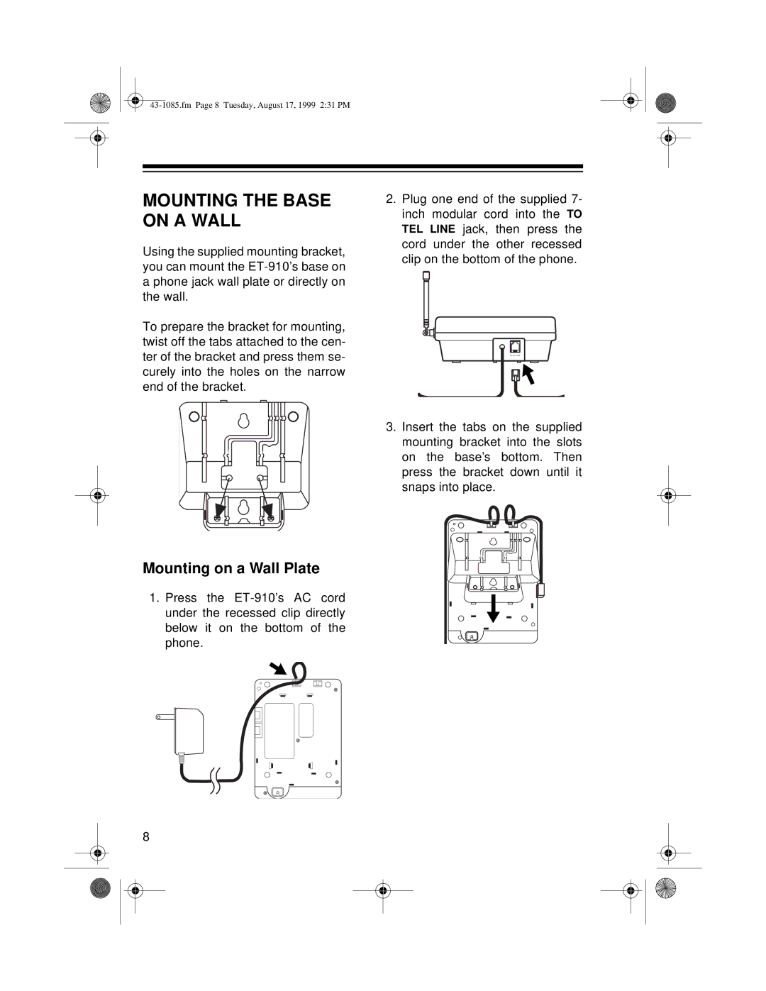 Radio Shack ET-910 owner manual Mounting the Base on a Wall, Mounting on a Wall Plate 