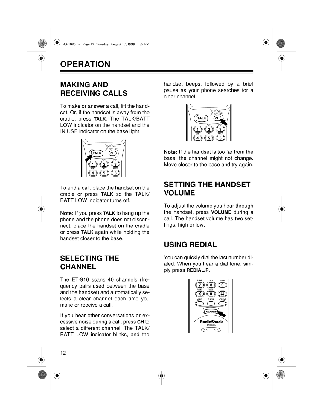 Radio Shack ET-916 Operation, Making and Receiving Calls, Setting the Handset Volume, Selecting Channel, Using Redial 