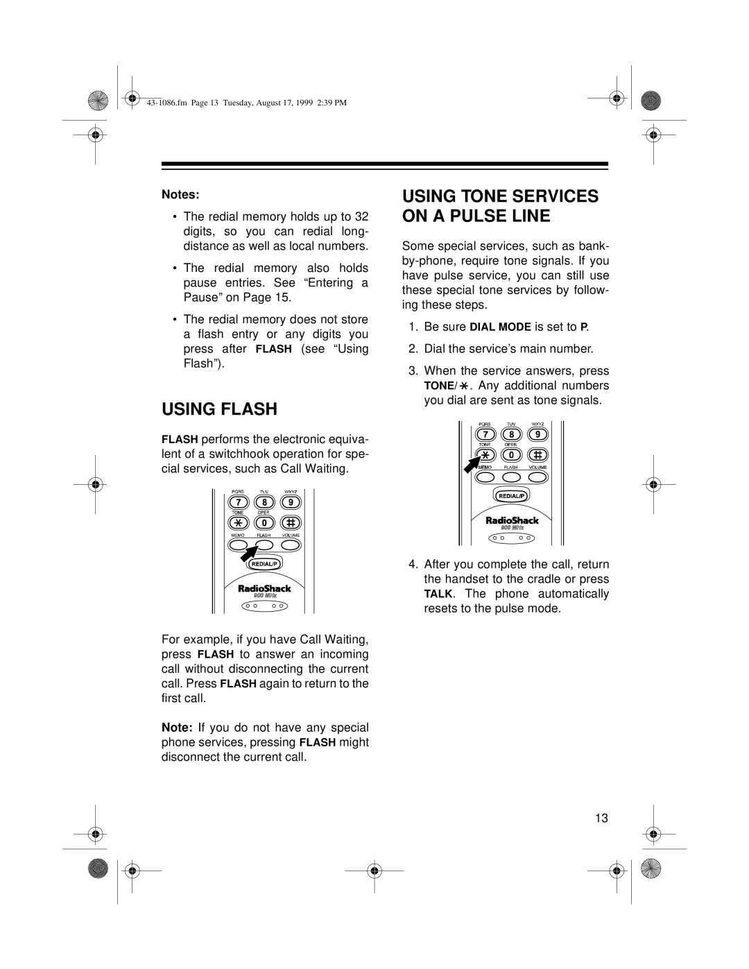 Radio Shack ET-916 owner manual Using Flash, Using Tone Services on a Pulse Line 