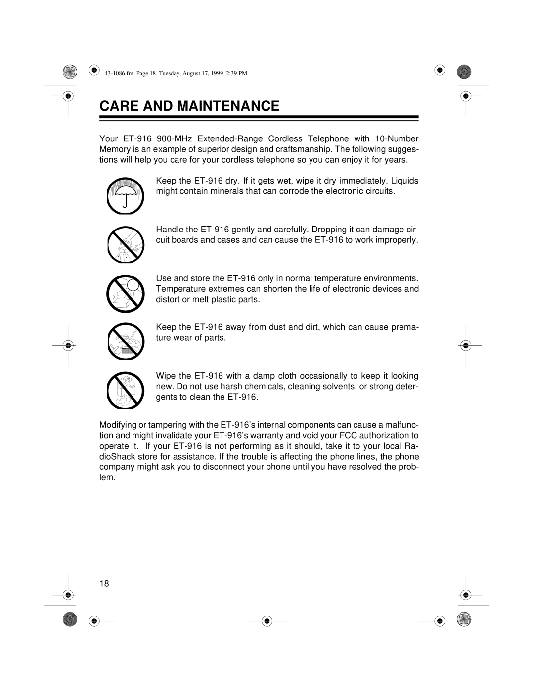 Radio Shack ET-916 owner manual Care and Maintenance 