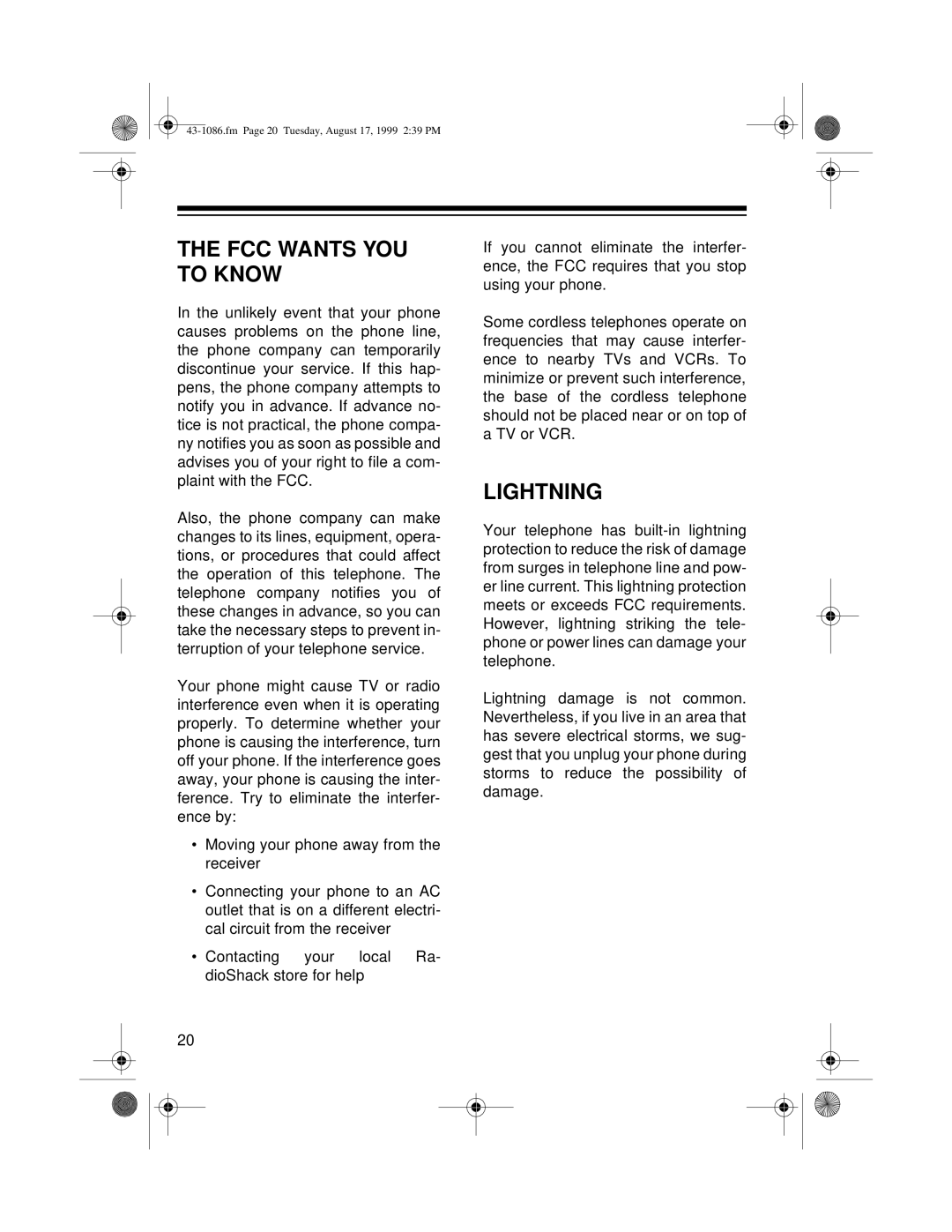 Radio Shack ET-916 owner manual FCC Wants YOU to Know, Lightning 