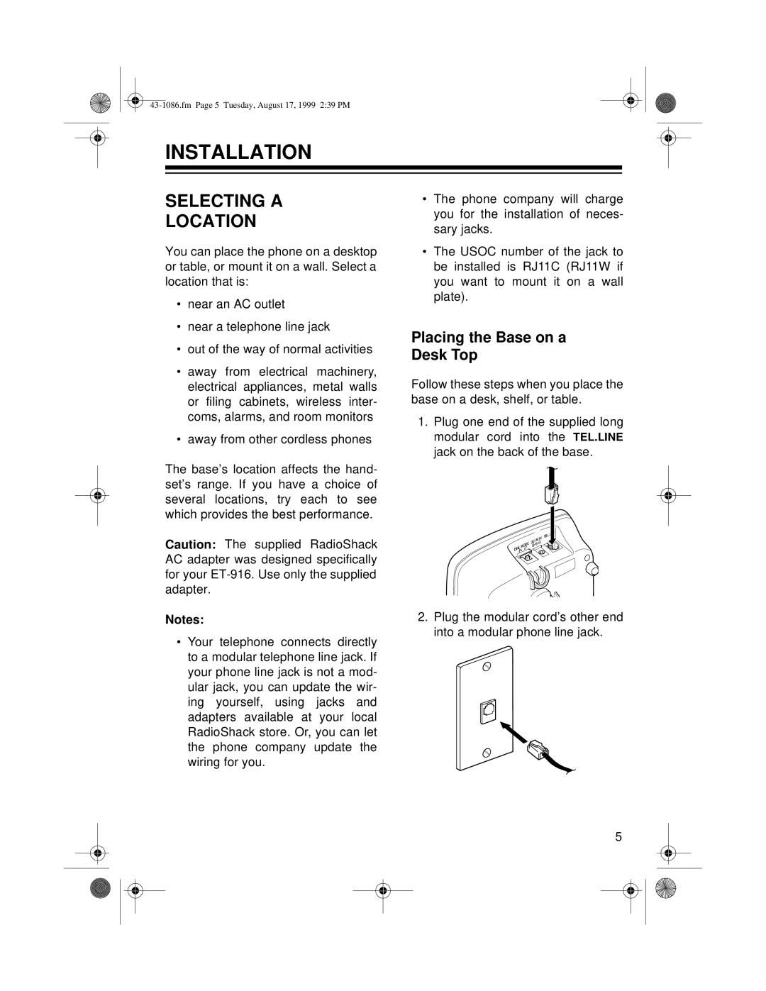 Radio Shack ET-916 owner manual Installation, Selecting a Location, Placing the Base on a Desk Top 