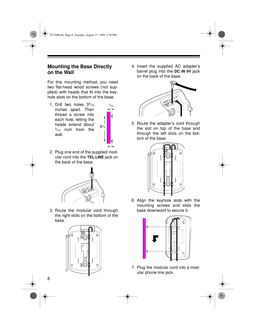 Radio Shack ET-916 owner manual Mounting the Base Directly on the Wall 