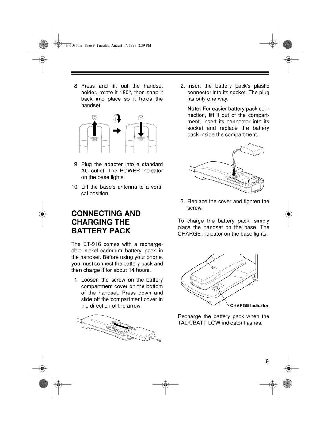 Radio Shack ET-916 owner manual Connecting and Charging the Battery Pack 