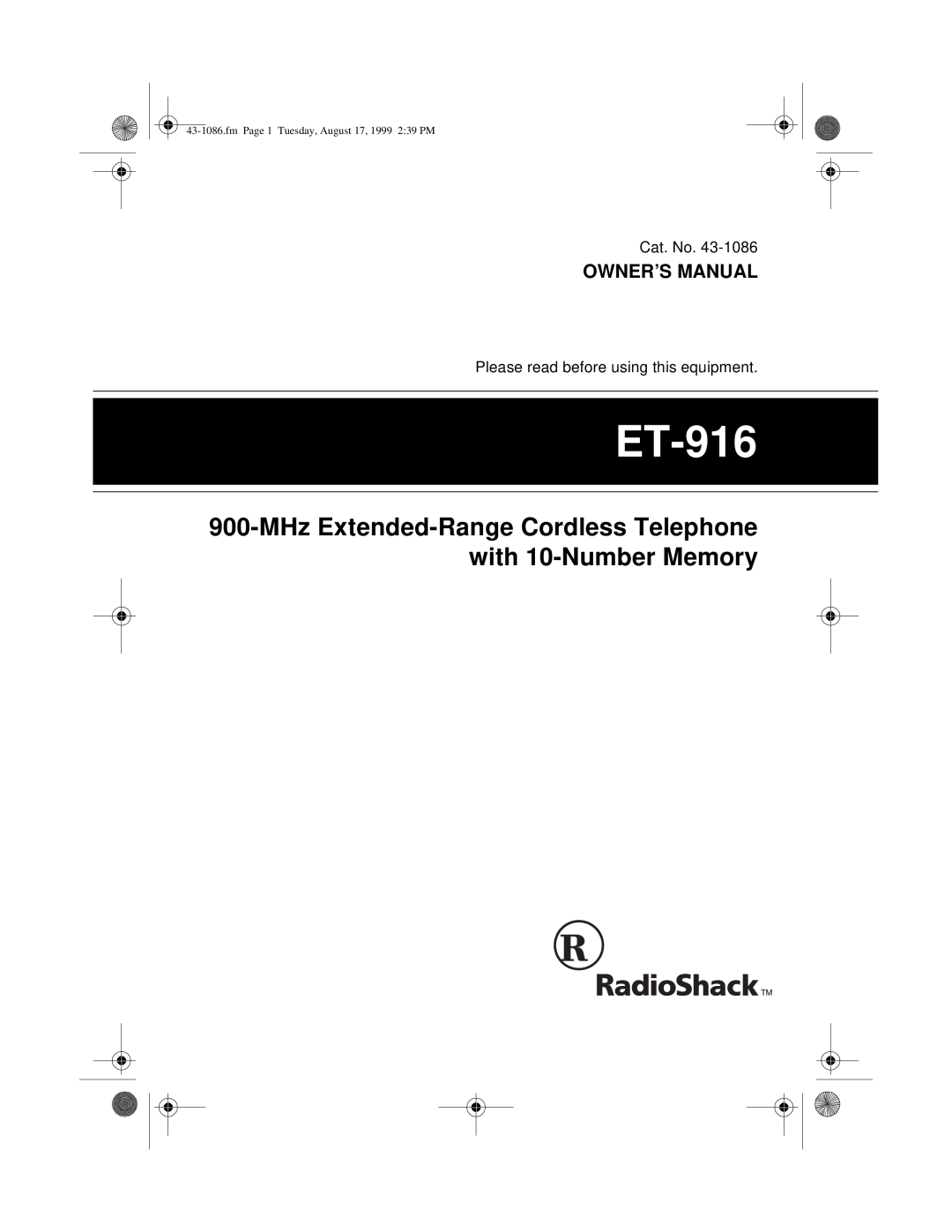 Radio Shack ET-916 owner manual MHz Extended-Range Cordless Telephone with 10-Number Memory, Owner’S Manual 