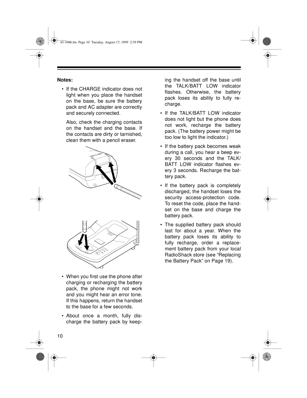 Radio Shack ET-916 owner manual About once a month, fully dis- charge the battery pack by keep 