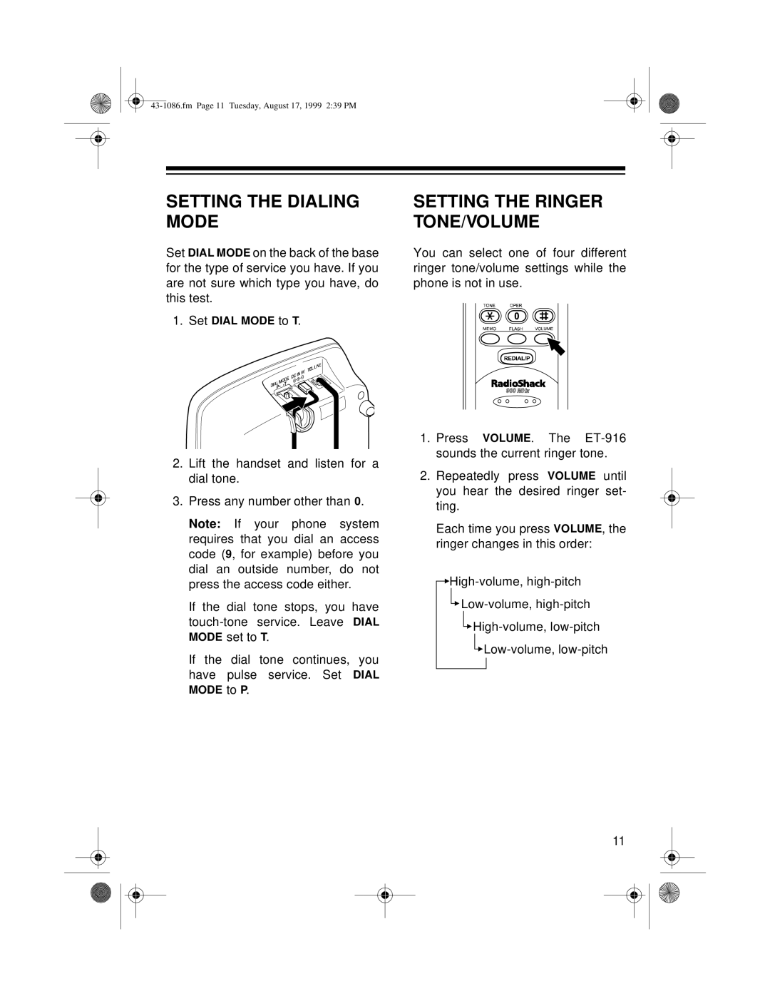 Radio Shack ET-916 owner manual Setting The Dialing Mode, Setting The Ringer Tone/Volume 
