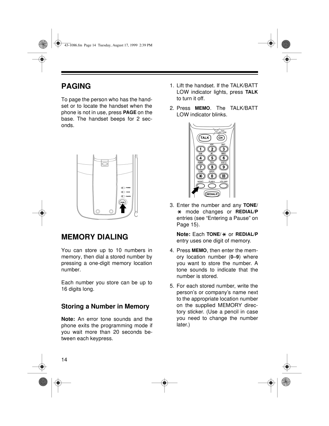 Radio Shack ET-916 owner manual Paging, Memory Dialing, Storing a Number in Memory 