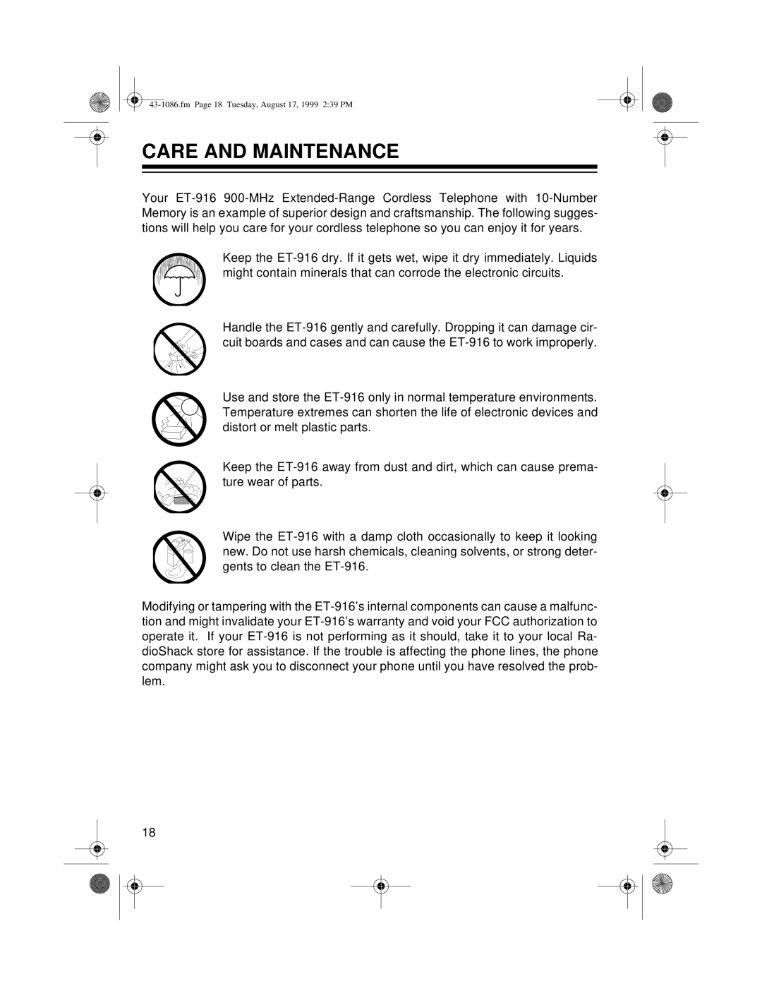 Radio Shack ET-916 owner manual Care And Maintenance, fm Page 18 Tuesday, August 17, 1999 239 PM 