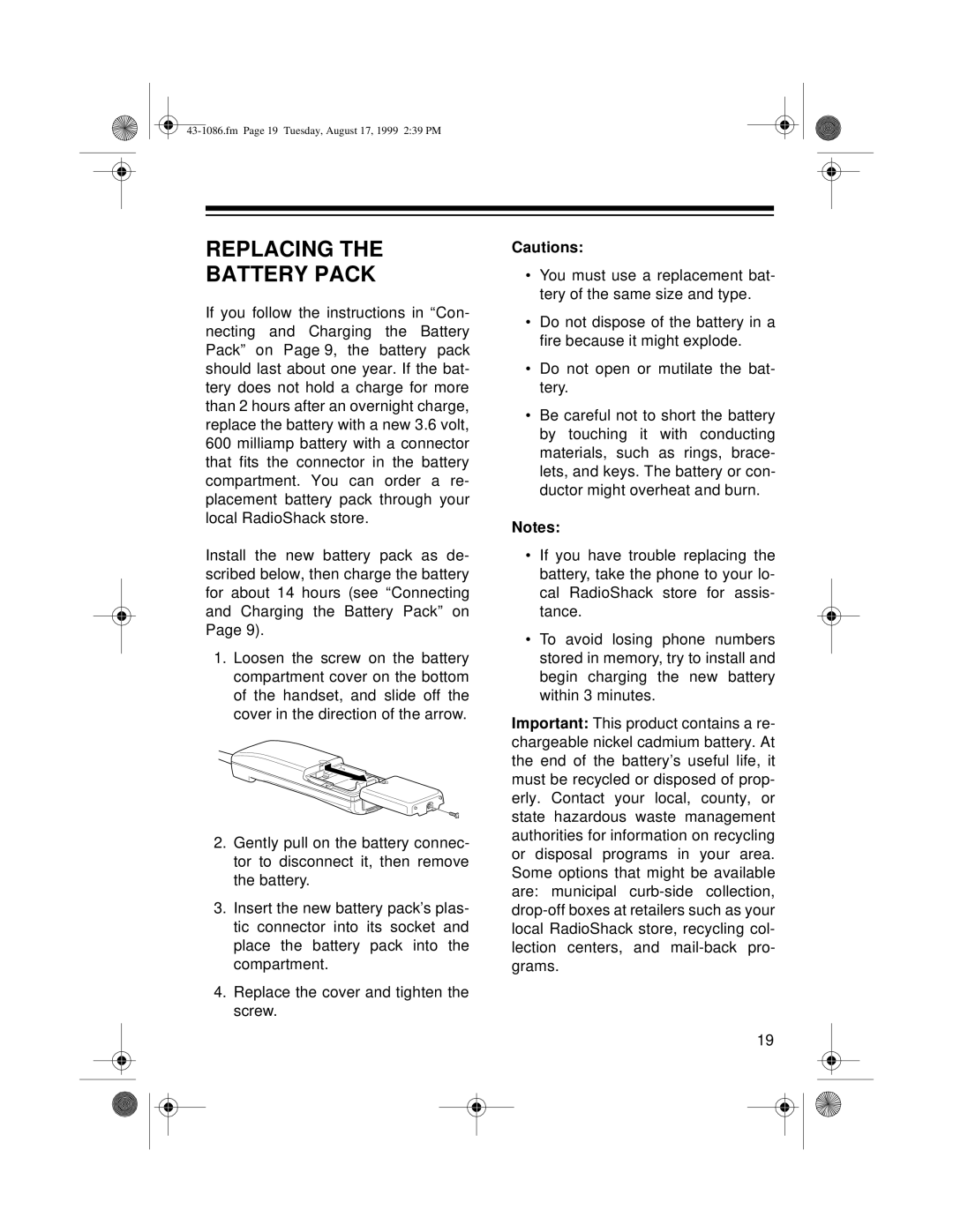 Radio Shack ET-916 owner manual Replacing The Battery Pack, Cautions 