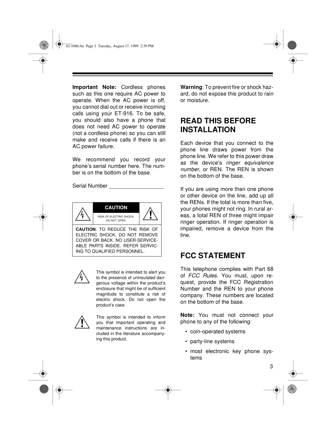 Radio Shack ET-916 owner manual Read This Before Installation, Fcc Statement 