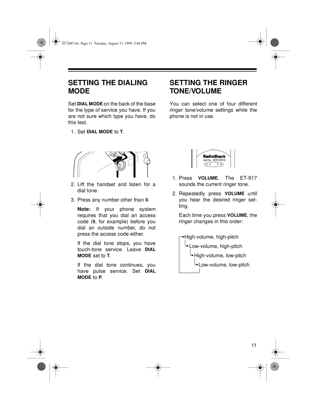 Radio Shack ET-917 owner manual Setting the Dialing Mode, Setting the Ringer TONE/VOLUME 