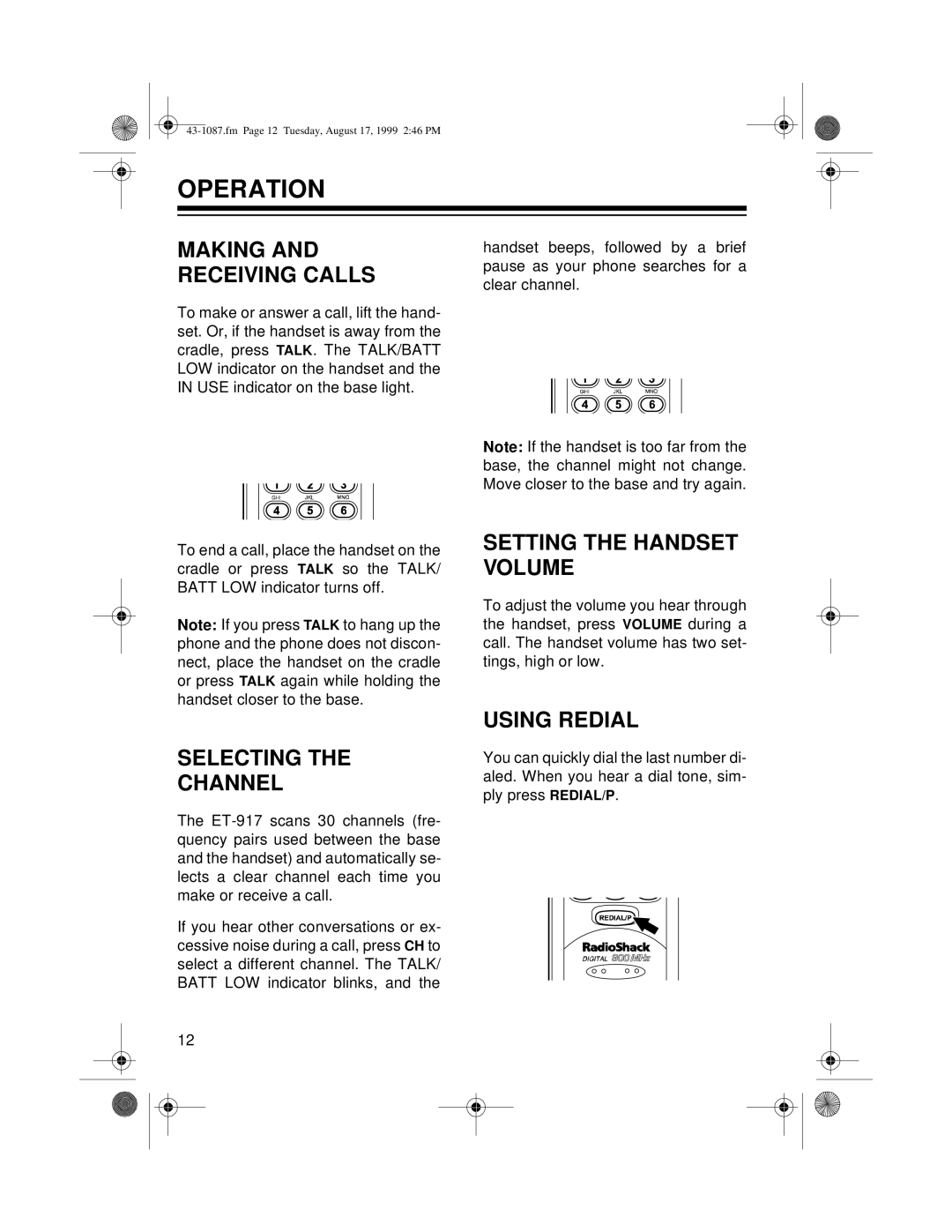 Radio Shack ET-917 Operation, Making and Receiving Calls, Setting the Handset Volume, Selecting Channel, Using Redial 