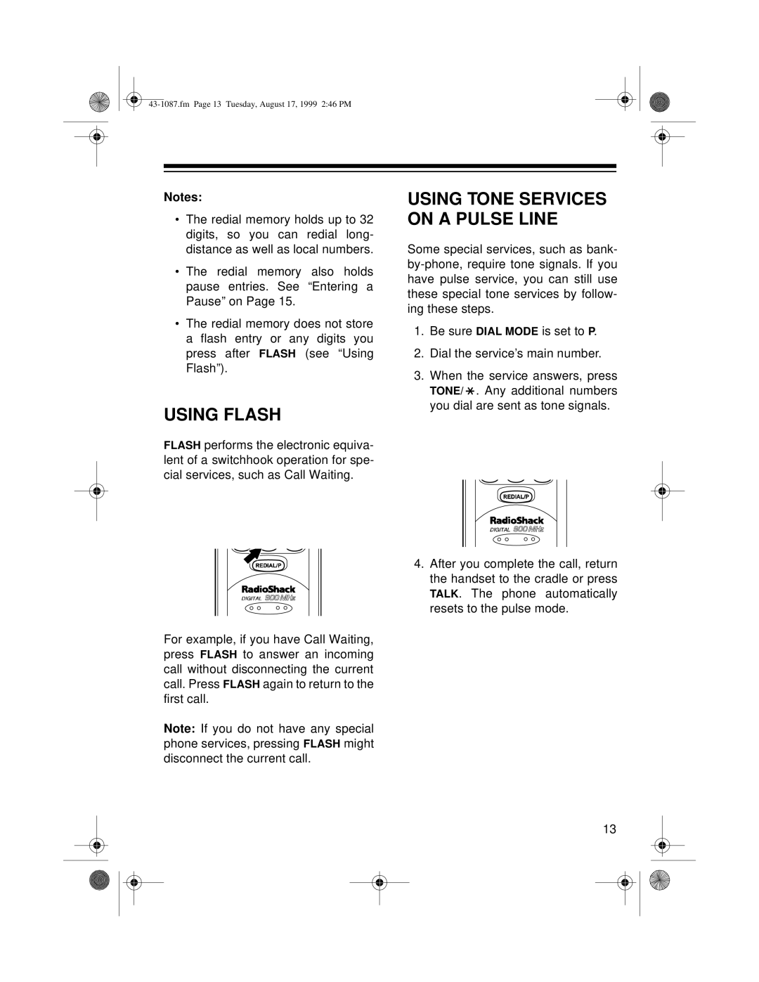 Radio Shack ET-917 owner manual Using Flash, Using Tone Services on a Pulse Line 