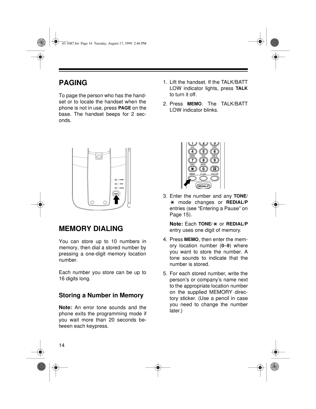 Radio Shack ET-917 owner manual Paging, Memory Dialing, Storing a Number in Memory 