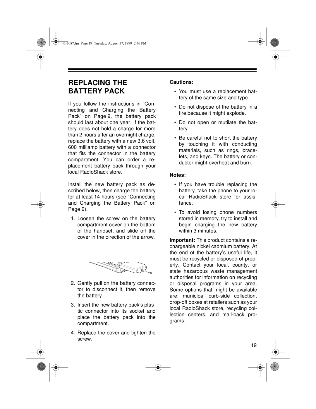 Radio Shack ET-917 owner manual Replacing Battery Pack 