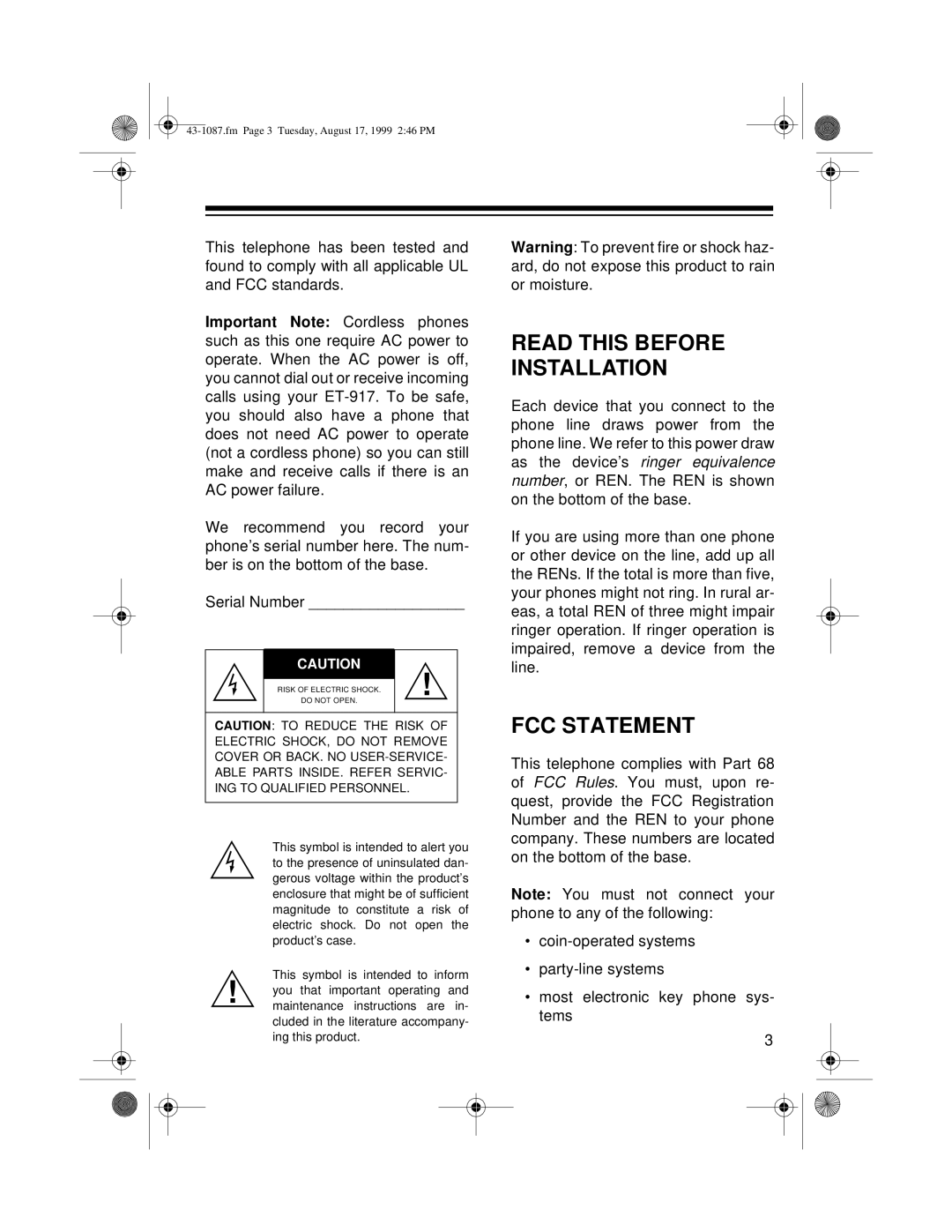 Radio Shack ET-917 owner manual Read this Before Installation, FCC Statement 