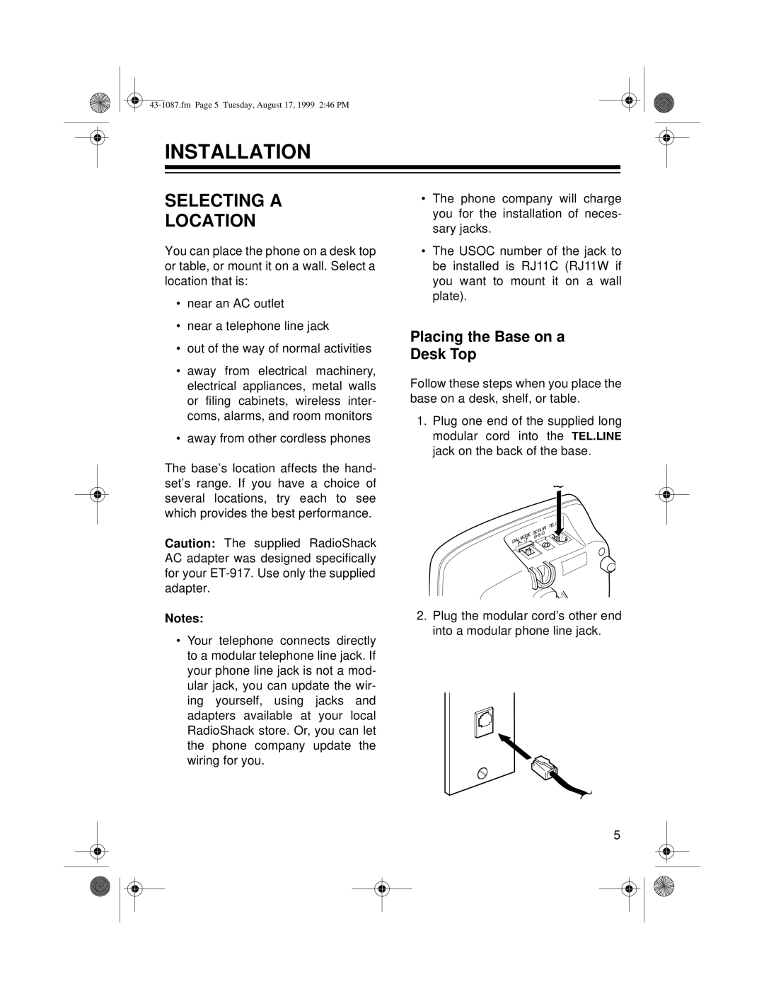 Radio Shack ET-917 owner manual Installation, Selecting a Location, Placing the Base on a Desk Top 