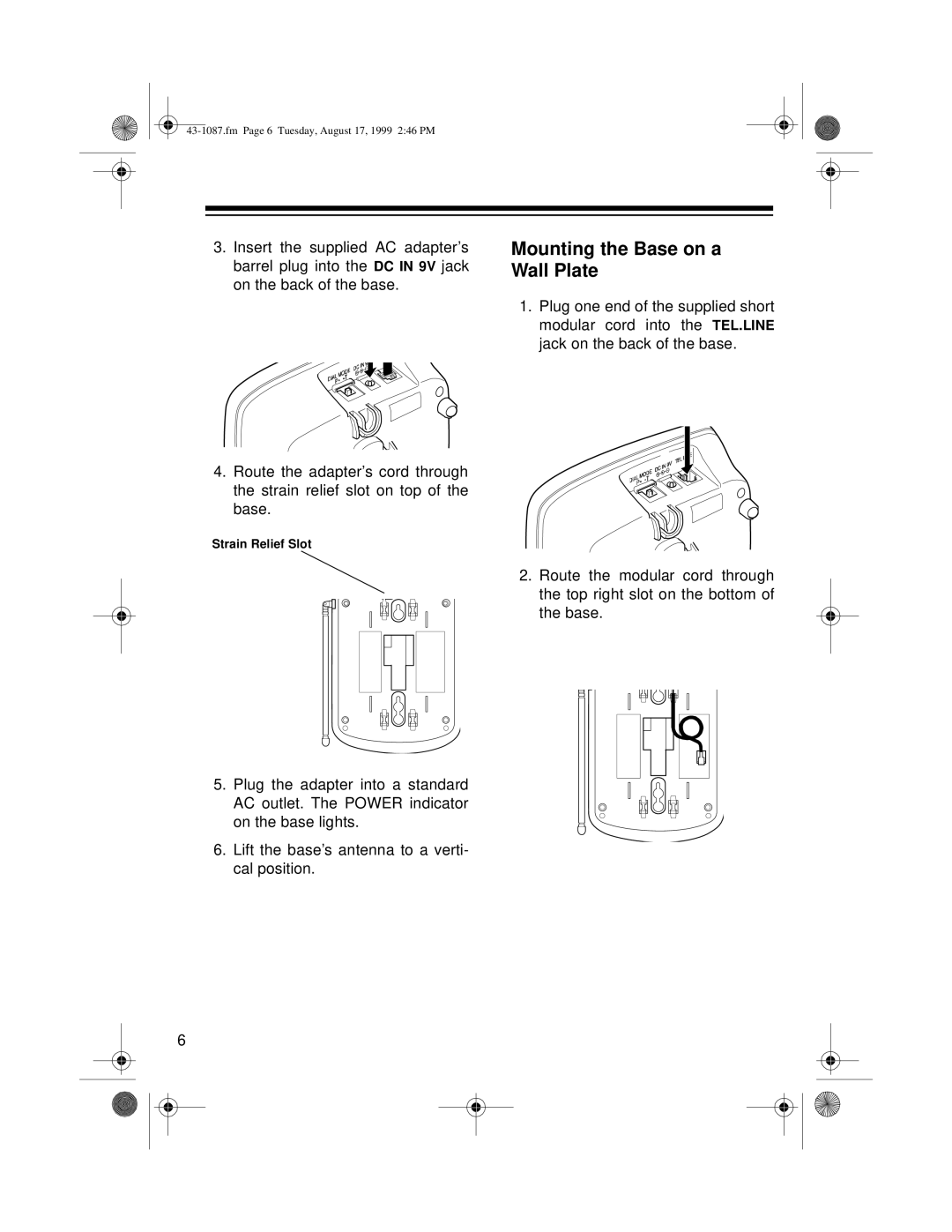 Radio Shack ET-917 owner manual Mounting the Base on a Wall Plate 