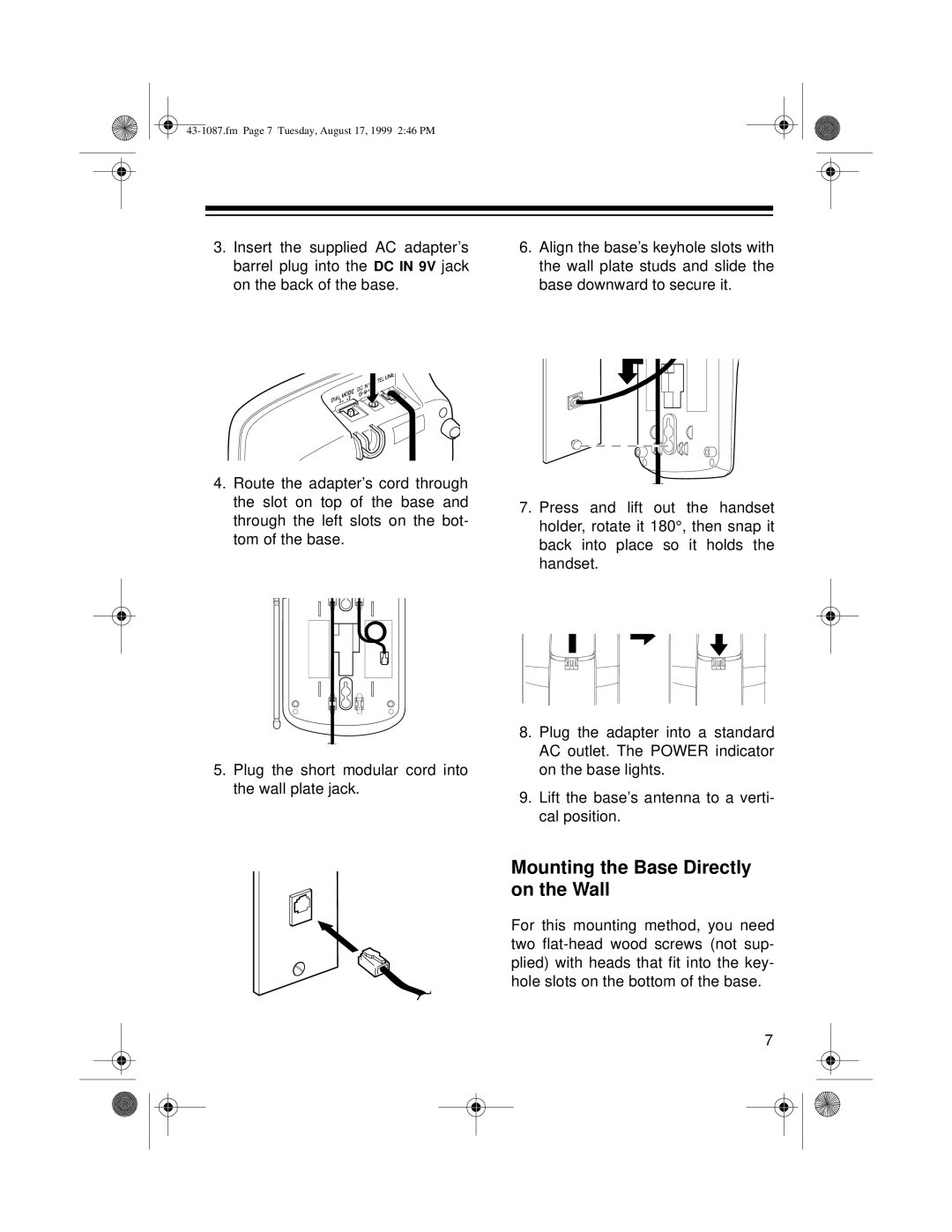 Radio Shack ET-917 owner manual Mounting the Base Directly on the Wall 