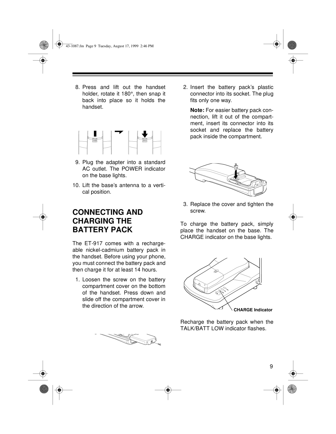 Radio Shack ET-917 owner manual Connecting and Charging the Battery Pack 