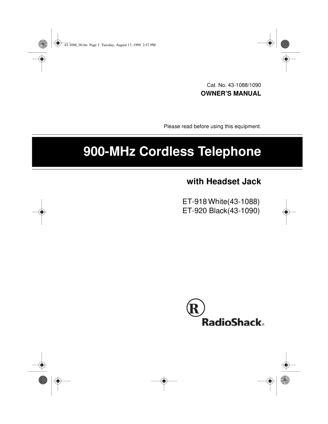 Radio Shack 43-1090, ET-918, 43-1088/90 owner manual MHz Cordless Telephone 