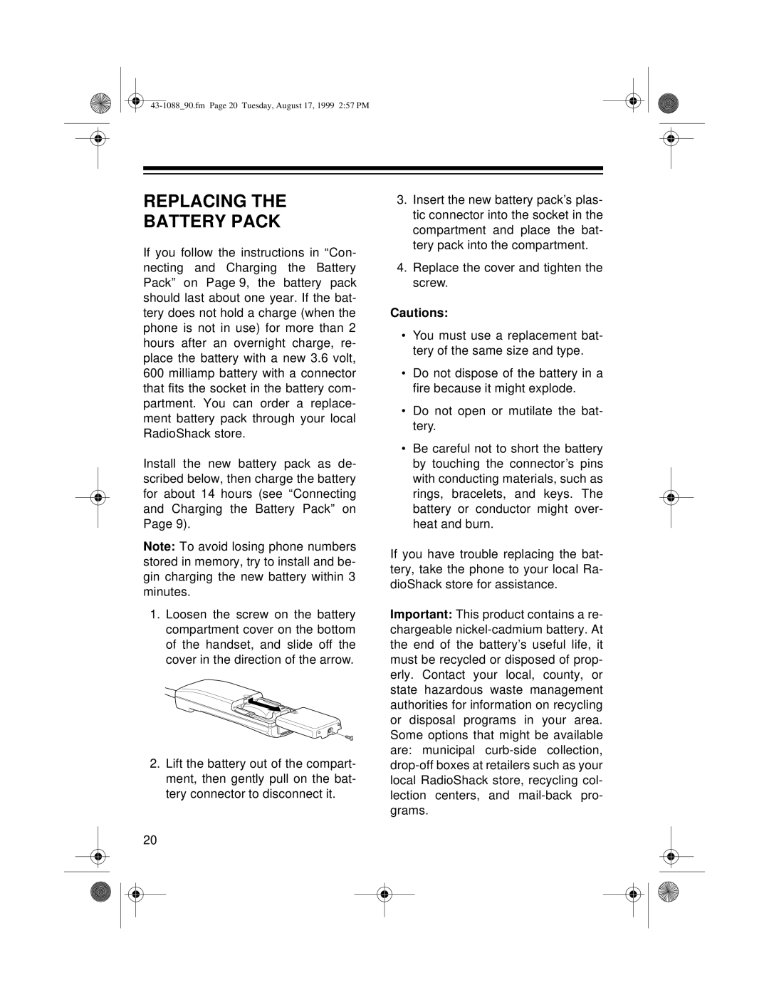 Radio Shack ET-918, 43-1090, 43-1088/90 owner manual Replacing Battery Pack 