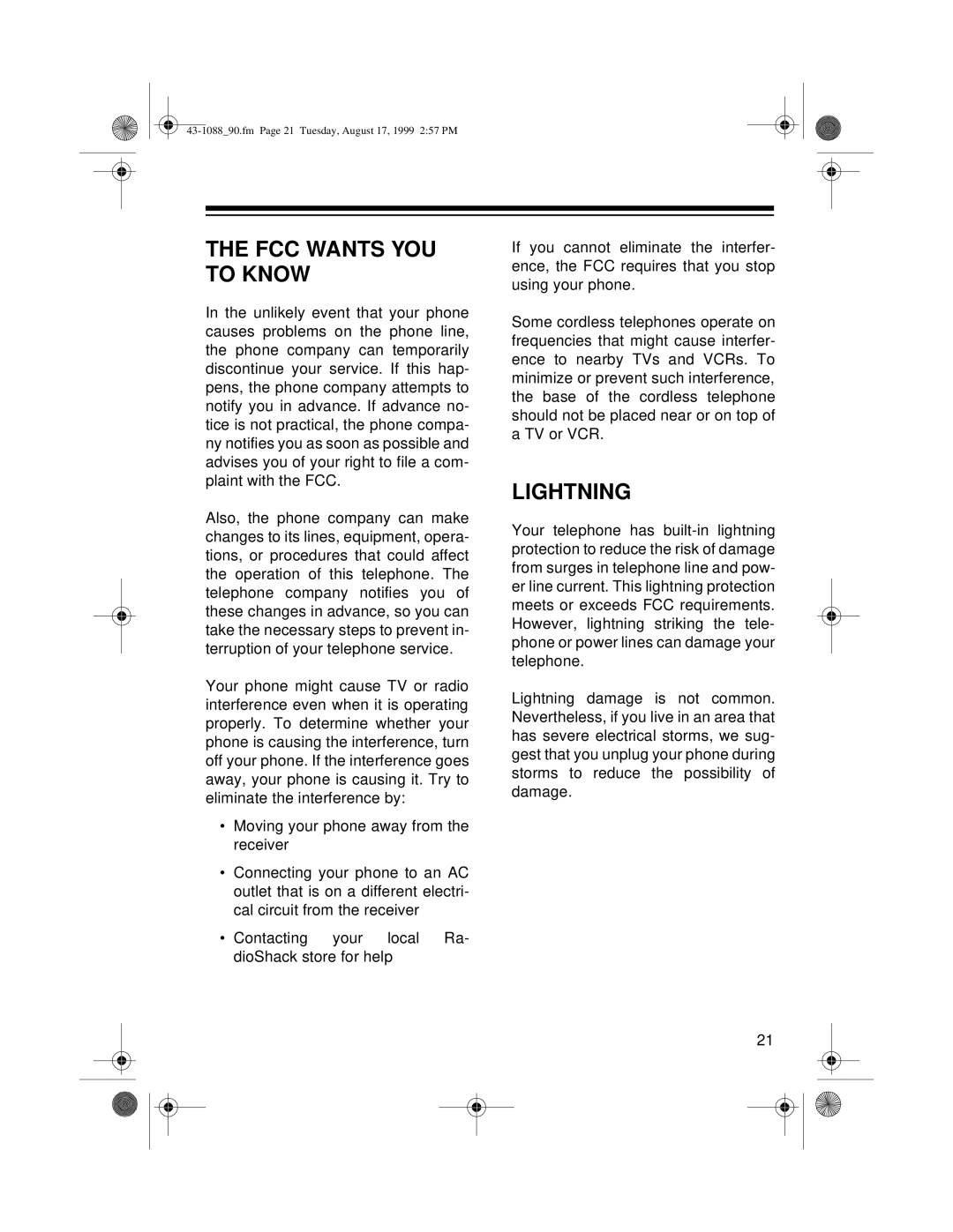 Radio Shack 43-1090, ET-918, 43-1088/90 owner manual FCC Wants YOU to Know, Lightning 