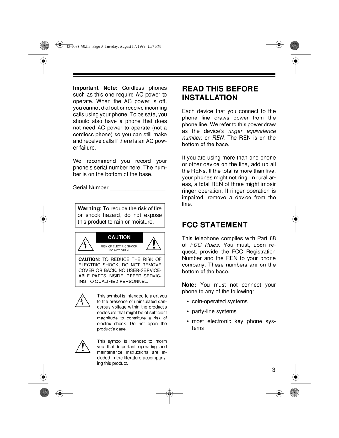 Radio Shack ET-918, 43-1090, 43-1088/90 owner manual Read this Before Installation, FCC Statement 