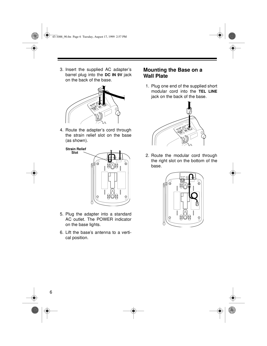 Radio Shack 43-1088/90, ET-918, 43-1090 owner manual Mounting the Base on a Wall Plate 