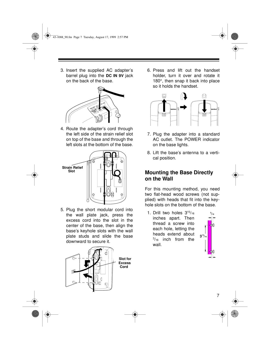 Radio Shack ET-918, 43-1090, 43-1088/90 owner manual Mounting the Base Directly on the Wall 