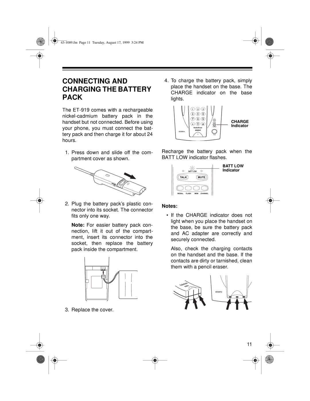 Radio Shack ET-919 owner manual Connecting and Charging the Battery Pack 