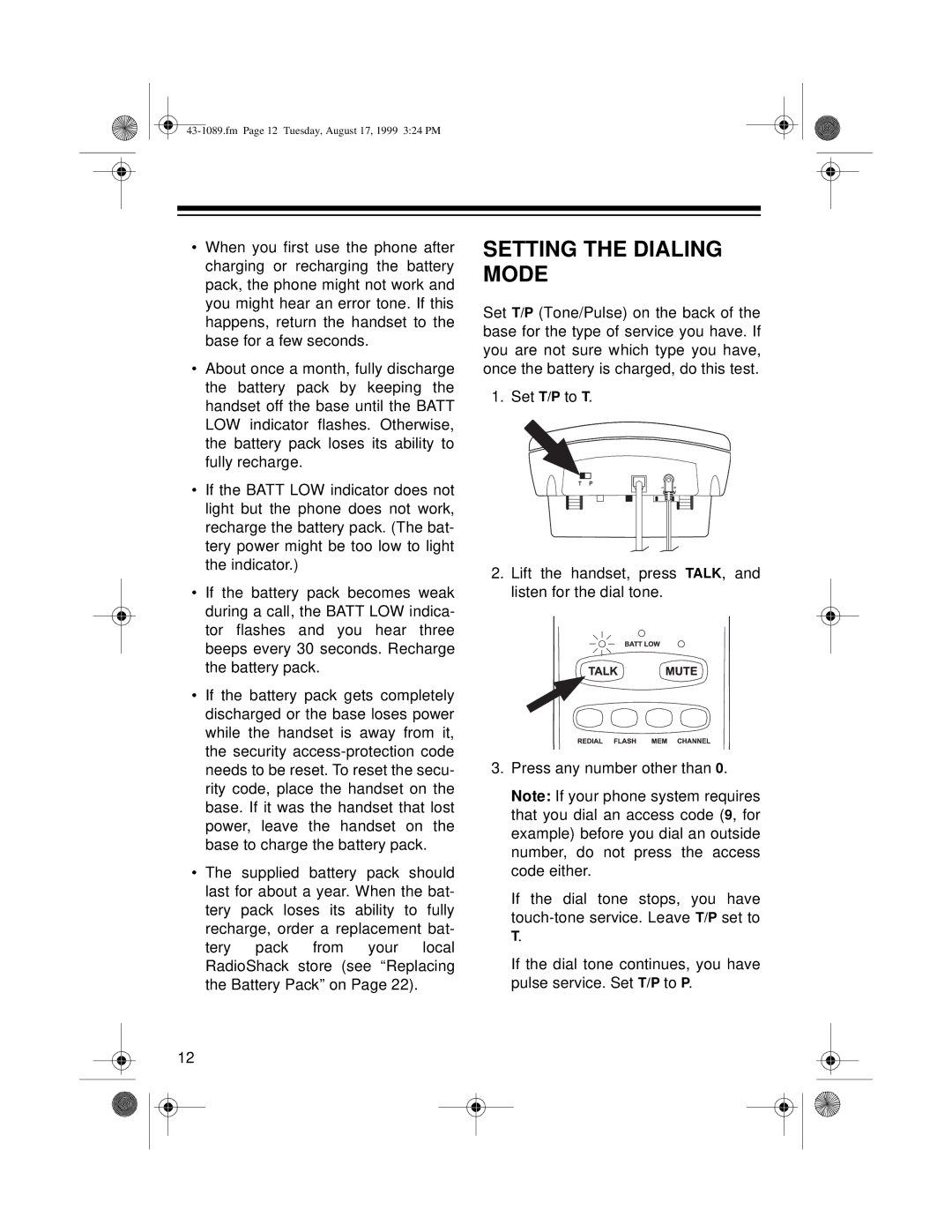 Radio Shack ET-919 owner manual Setting the Dialing Mode 